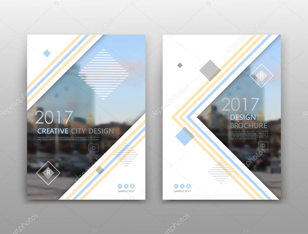 Abstract composition. White a4 brochure cover design. Info banner frame. Text font. Title sheet model set. Modern vector front page art. City view texture. Triangle figure icon. Elegant ad flyer fiber