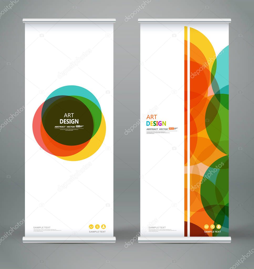 Abstract composition. White roll up brochure cover design. Info banner frame. Text font. Title sheet model set. Modern vector front page art. Circle parts brand flag. Round figure icon. Ad flyer fiber