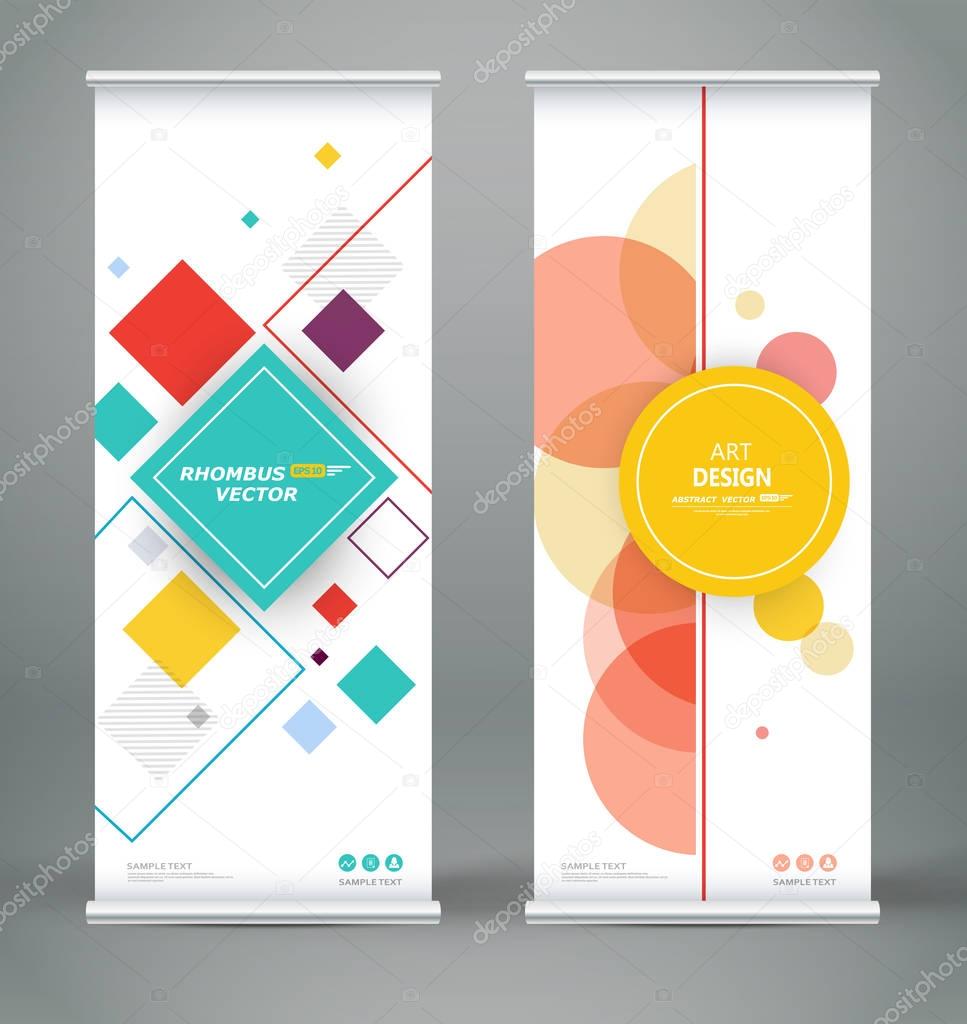 Abstract composition. White roll up brochure cover design. Info banner frame. Text font. Title sheet model set. Modern vector front page art. Lozenge part brand flag. Round figure icon. Ad flyer