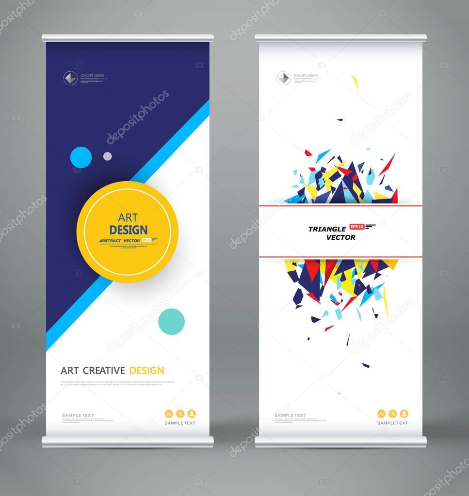 Abstract roll up. Brochure cover design. Creative round text frame font. Title sheet model set. Modern vector front page. Blue, yellow triangle figure icon. Geometric shapes brand flag. Ad flyer