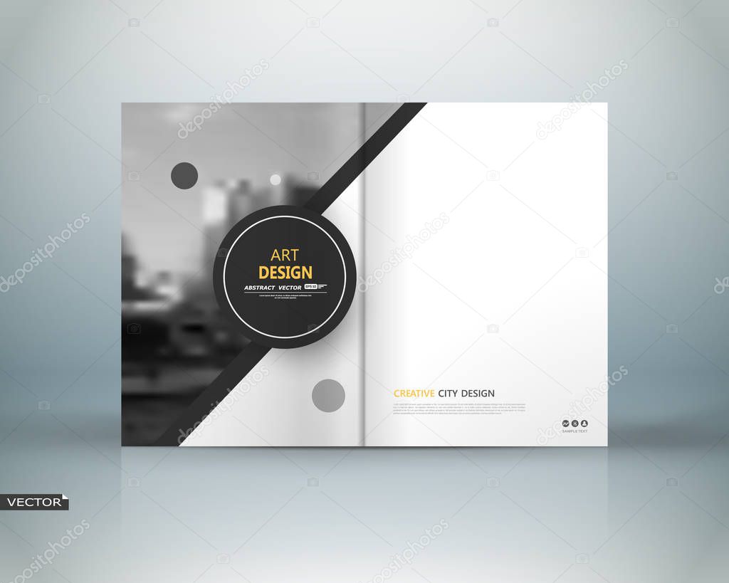 Abstract binder art. White a4 brochure cover design. Info banner frame. Black circle figure icon. Ad text font. Title sheet model set. Modern vector front page. City view texture. Elegant flyer fiber