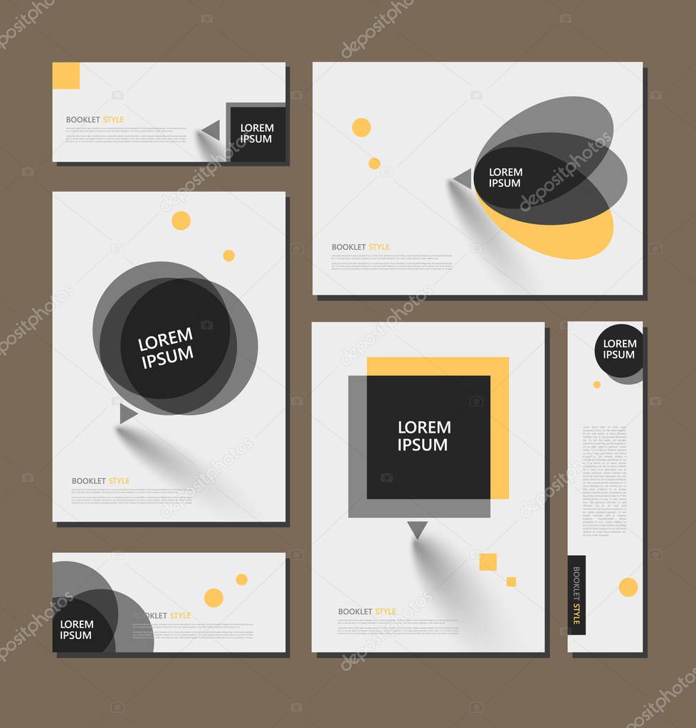 Abstract flyer art. White brochure cover design. Info banner frame. Elegant ad text font. Title sheet model set. Fancy vector front page. Square printed blurb. Yellow, black figures icon. Diary binder