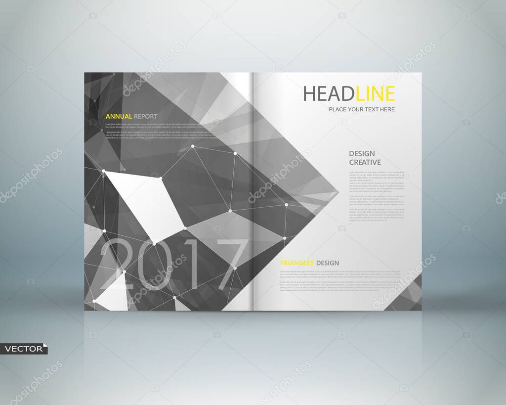 Abstract binder. Black low polygonal a4 brochure cover design. Info banner frame. Elegant ad flyer text font. Title sheet model. Fancy vector front page. Blurb texture. White light lines figure icon