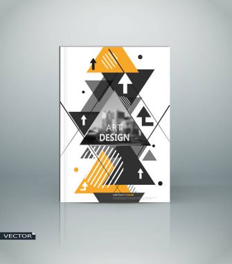 Soyut tanıtım teması. Beyaz broşür kapağı tasarımı. Bilgi pankartı çerçevesi. Süslü reklam ilanı yazı tipi. Başlık kağıdı ipliği modeli. Merhaba teknik vektör baş sayfası. Şehir manzarası dokusu. Sarı üçgen şekil simgesi