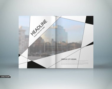 Abstract binder art. White a4 brochure cover design. Info banner frame. Elegant ad flyer. Daily periodical issue. Text font. Blurb model. Fancy vector front page. City view. Trade center figure icon clipart