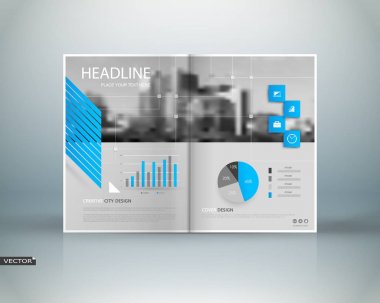 Beyaz, mavi broşür kapak tasarımı. Süslü bilgi ekranı. Reklam afiş metin yazı tipi. Başlık sayfası modeli. Modern vektör ön sayfa sanat. Yaratıcı Kentsel şehir cümle tarzı. Mali stratejisi çerçeve. Planı rakamlar simgesi