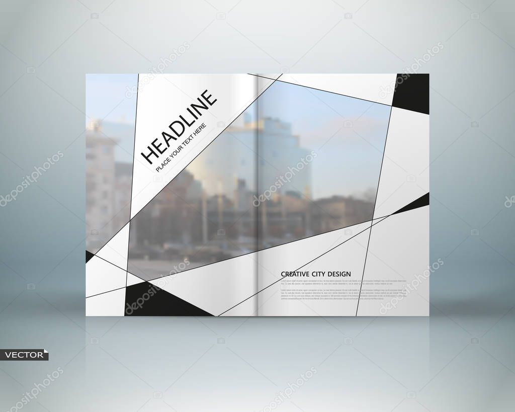 Abstract binder art. White a4 brochure cover design. Info banner frame. Elegant ad flyer. Daily periodical issue. Text font. Blurb model. Fancy vector front page. City view. Trade center figure icon