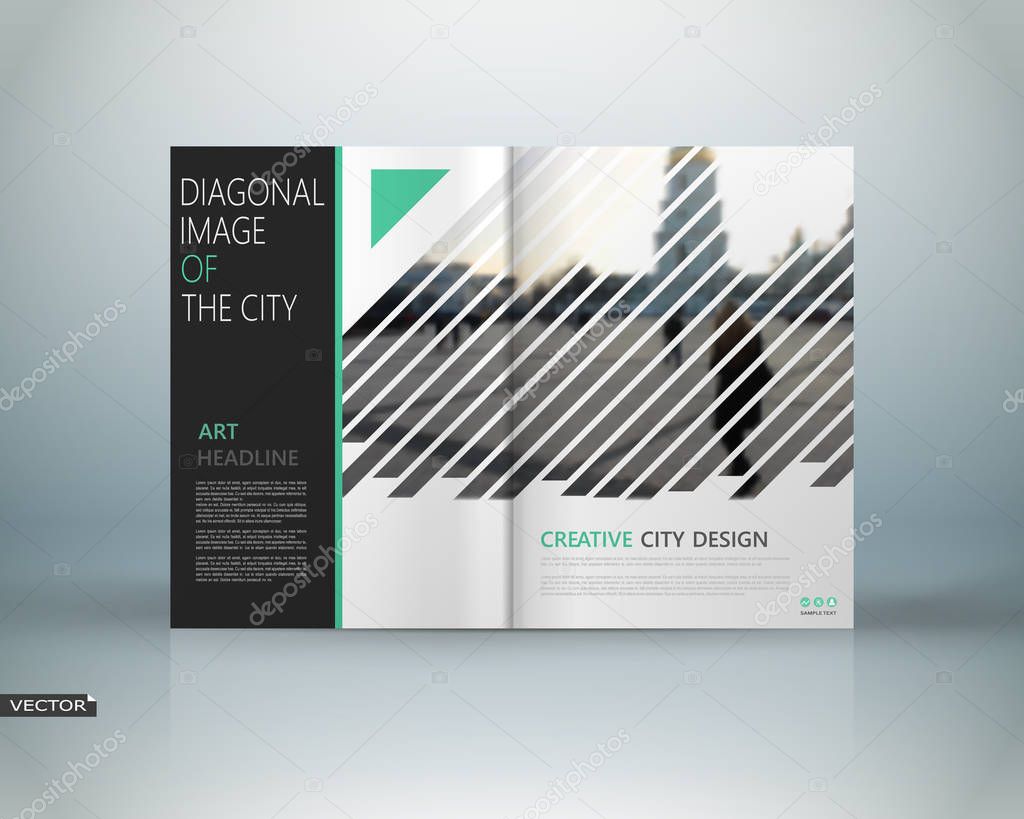 Abstract binder art. White a4 brochure cover design. Info banner frame. Ad flyer. Daily periodical issue. Text font. Blurb model. Fancy vector front page. City view. Green triangles, lines figure icon