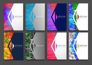 Abstract bright binder art. Patch color a4 brochure cover design. Blurb info banner frame. Elegant ad flyer text font. Title sheet model set. Fancy vector front page. Low polygonal arrow figures icon clipart