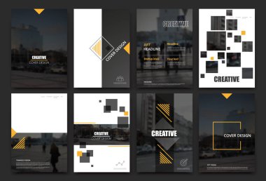 A4 broşür kapak tasarlamak. El ilanı, reklam metin yazı tipini, bilgi başlık çerçevesi veya başlık için şablonlar modeli küme sayfa. Kentsel şehir sokak dokusu ile modern vektör ön sayfa sanat. Sarı kare şekil kutsal kişilerin resmi