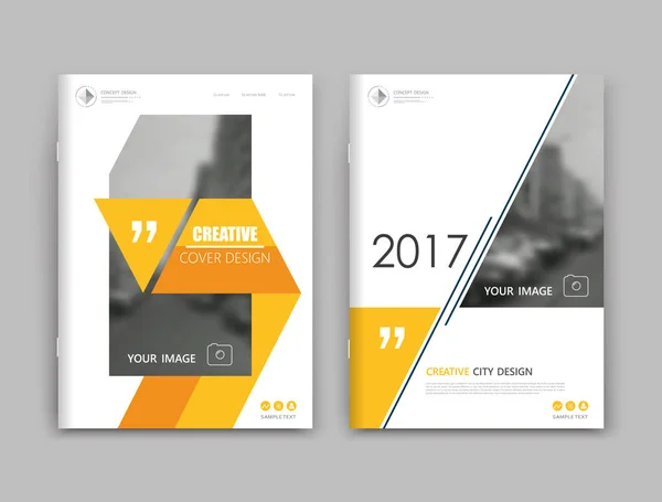 Design per la copertina della brochure aziendale, cornice per banner informativi, set modello foglio titolo, modello techno flyer o carattere testo annuncio. Bordo d'arte moderna della prima pagina del vettore con la struttura urbana della strada della città. Figura gialla icona — Vettoriale Stock