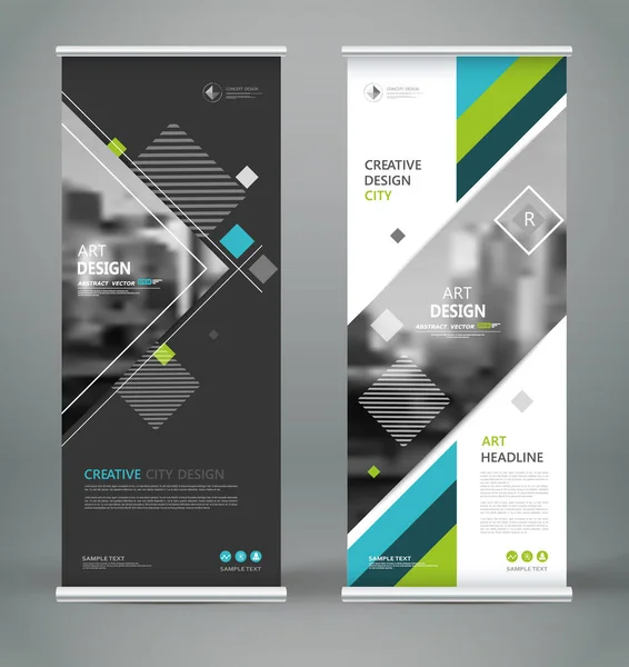 Abstract blurb font. Patch brochure cover design. Roll up info banner frame, ad flyer text, title sheet model set. Hi tech vector front page. Brand flag with city art. Blue, green triangle figure icon — Stock Vector