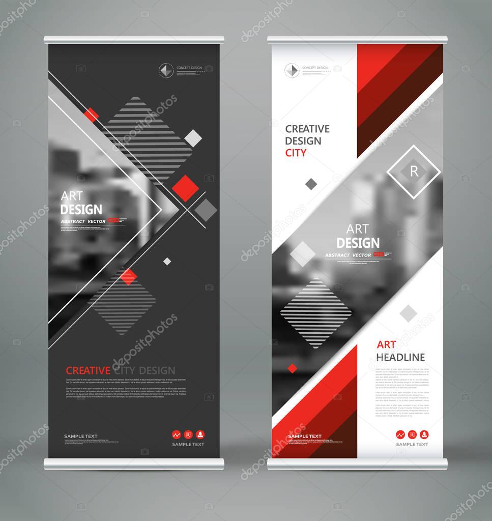 Abstract blurb font. Patch brochure cover design, roll up info banner frame, ad flyer text or title sheet model set. Hi tech vector front page. Brand flag with city art board. Red triangle figure icon