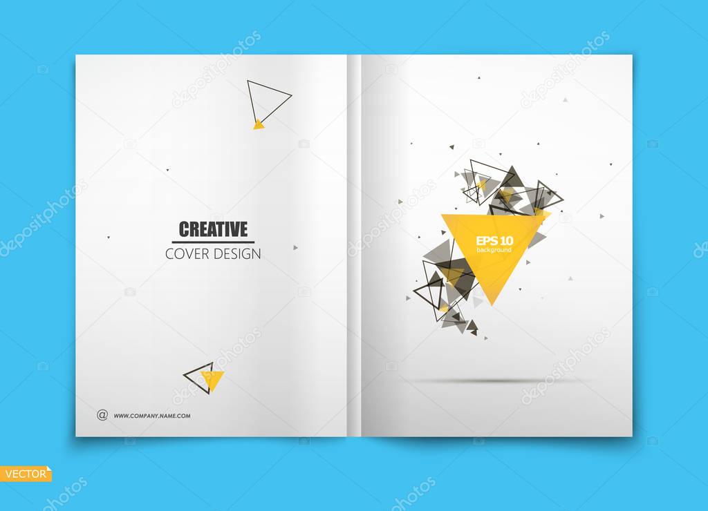 Abstract flyer art. Grey brochure cover design. Info banner frame. Elegant ad text font. Title sheet model set. Fancy vector front page. Printed blurb. Yellow, red figures icon. Diary binder