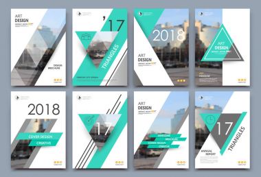 A4 broşür kapak tasarlamak. Banner, kartvizit, başlık sayfası modeli küme, el ilanı veya reklam metin yazı tipi için şablonlar. Kentsel şehir sokak dokusu ile modern vektör ön sayfa sanat. Yeşil üçgen simgesi