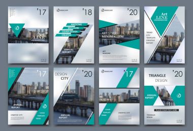 A4 broşür kapak tasarlamak. Banner, kartvizit, başlık sayfası modeli için şablon ayarla, el ilanı, reklam metin yazı tipi. Şehir şehir nehir Köprüsü ile modern vektör ön sayfa sanat. Çizgiler, yeşil rakamlar simgesi