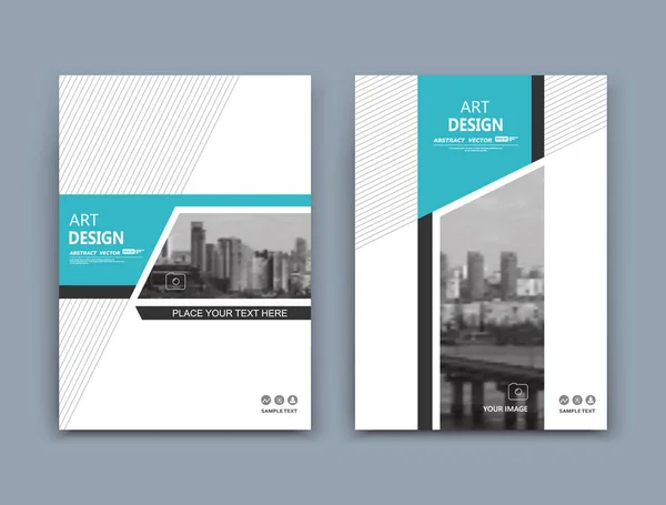 Abstract a4 brochure cover design. Modello per banner, biglietto da visita, set modello foglio titolo, volantino, carattere testo annuncio. Arte moderna della prima pagina vettoriale con ponte urbano sul fiume. Linee, figure verdi icona — Vettoriale Stock