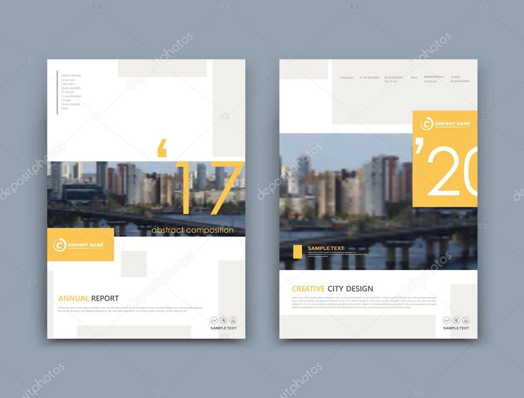 Abstract a4 brochure cover design. Template for info banner, business card, title sheet model set, ad flyer text, web site font. Vector front page art with urban city river bridge. Patch squares icon
