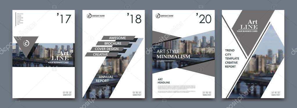 Abstract a4 brochure cover design. Template for banner, business card, title sheet model set, info flyer, ad text font. Modern vector front page art with urban city river bridge. Grey line figure icon