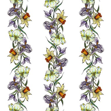 Çiçek desenli süsen çiçekleri, nergisler ve zambaklar