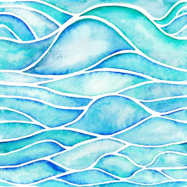 Aquarelpatroon Met Decoratieve Blauwe Golven — Stockfoto