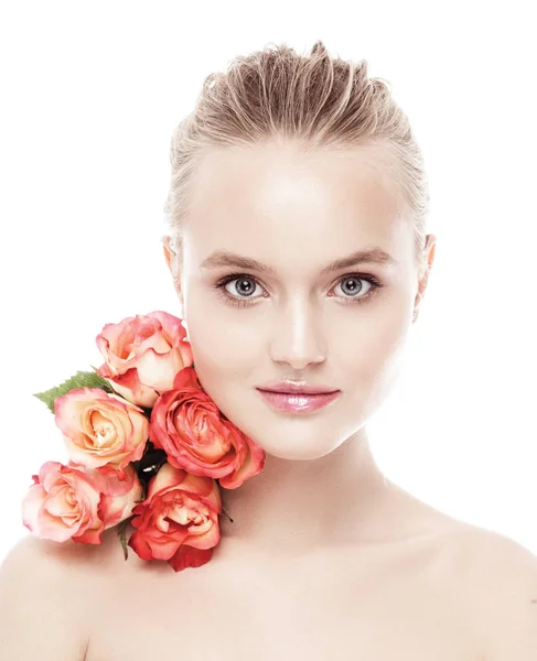 Närbild Porträtt Vacker Kvinna Med Blommor — Stockfoto
