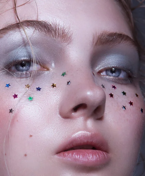 Close Woman Face Glitter Star Shape — Stock Photo, Image