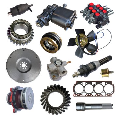 Beyaz arka planda yedek parça arabası var. Mağaza veya sonraki pazar için pek çok izole öge ile ayarla