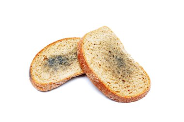 İzole edilmiş beyaz arka planda küflü bozuk ekmek. Küf yüzünden yiyeceğe elverişsiz.