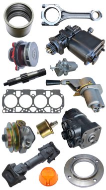 Beyaz arka planda yedek parça arabası var. Mağaza veya sonraki pazar için pek çok izole öge ile ayarla