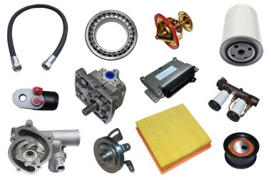 Beyaz arka planda yedek parça arabası var. Mağaza veya sonraki pazar için pek çok izole öge ile ayarla