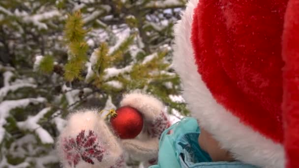 Mujer de Santa Sombrero Decora un Árbol de Navidad en el Bosque Slow Motion — Vídeos de Stock