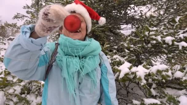 女性サンタの帽子で幸せな森林スローモーションでクリスマス ツリーを飾る — ストック動画