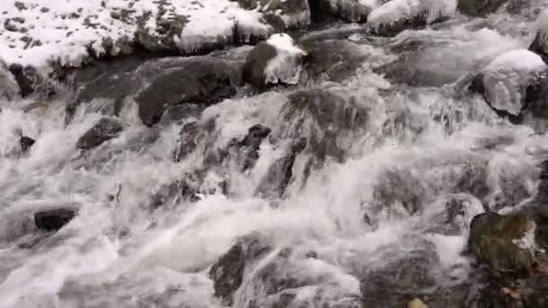 Cascades Cascade sur une rivière de montagne en hiver Chute de neige Mouvement lent 