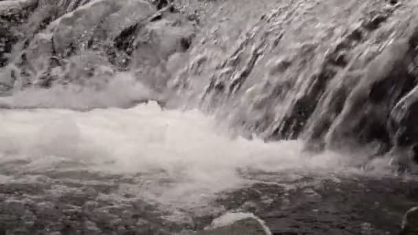 Waterfall at Winter on Mountain River Close-Up Slow Motion — Stock Video