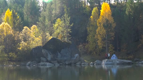 Junges verliebtes Paar am See im Wald in der Nähe von Zelt. Panorama-Herbstblatt sonniger Tag. Hintergrund der gelben Bäume. — Stockvideo