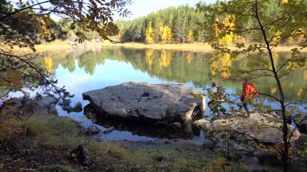 Couple de jeunes touristes amoureux sur Forest Lake. Automne Feuille Automne Journée ensoleillée d'automne. Contexte Eau Arbres jaunes . — Video