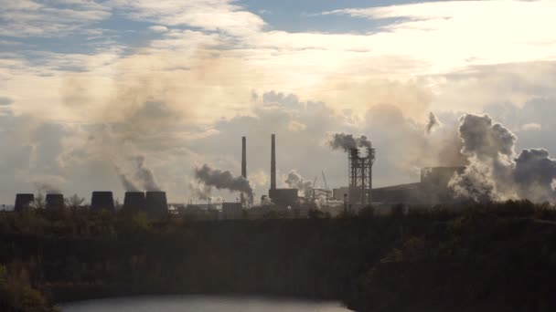 Air Pollution From Large Factory Industry. Counter Sunlight. Wide Angle — Stock Video