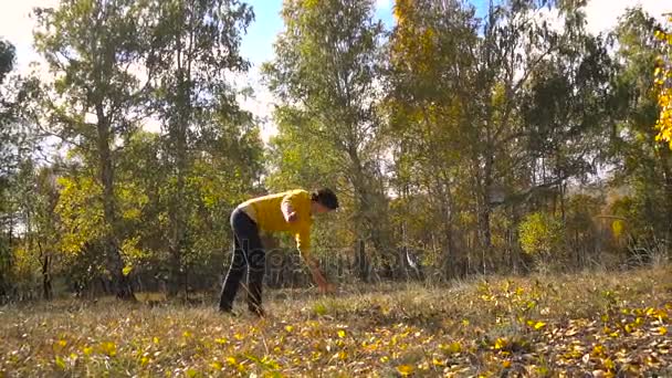 Zpomalený pohyb akrobacie mladá dívka v lese podzim na slunečný den. — Stock video