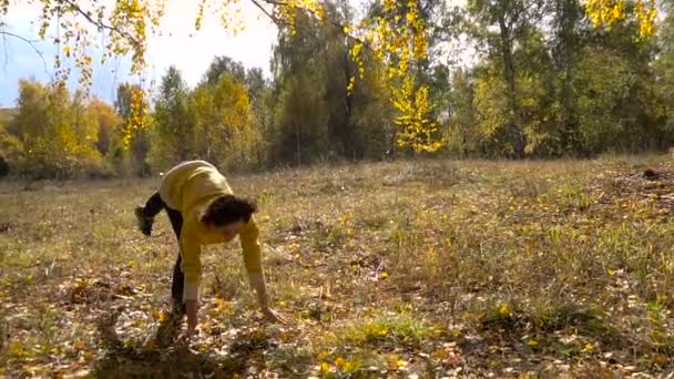Slow Motion dívka akrobacie pozadí listí podzim. Slunečný den. — Stock video