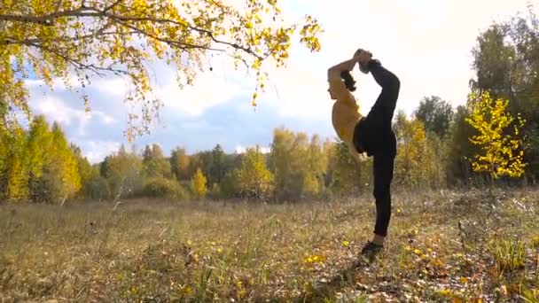 Lento Motion Girl Acrobatics Background Leaf Fall. Dia de sol . — Vídeo de Stock