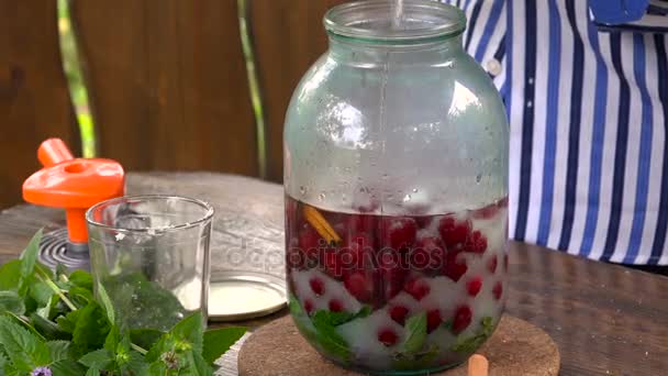 Preparação de compota de cerejas em um frasco de vidro em casa — Vídeo de Stock