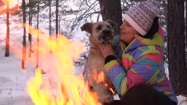 Femme avec chien à un feu lors d'un pique-nique soirée d'hiver — Video