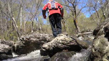 Genç sarışın yavaş atlar bir orman akarsu kayaların üzerine adam. Erken Bahar güneşli bir gün, bir büyük su akışı..