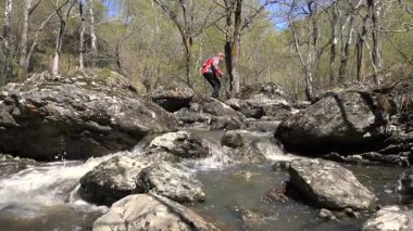 Genç sarışın yavaş atlar bir orman akarsu kayaların üzerine adam. Erken Bahar güneşli bir gün, bir büyük su akışı..