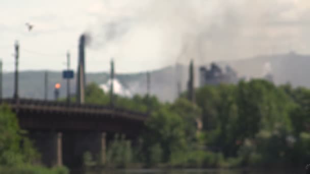 Witte meeuwen op de achtergrond van pijpen verontreiniging van lucht uitstoot van fabriek — Stockvideo