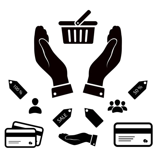 Cesta de la compra en las manos icono — Vector de stock