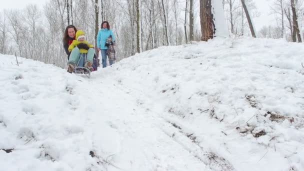 Madre con una niña monta un trineo desde una colina — Vídeo de stock