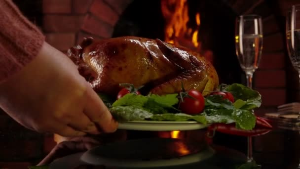 Cena de celebración junto a la chimenea . — Vídeos de Stock