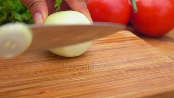 Slicing onions with knife on the board — Stock Video